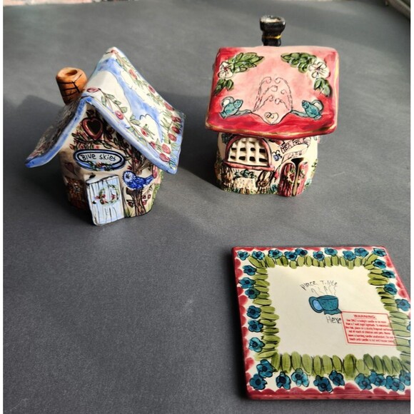 Clayworks Tea For Two + Blue Skies Heather Goldminc Tealight House - Picture 1 of 15